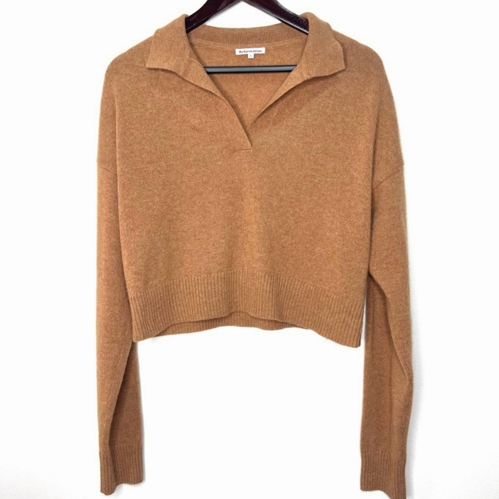 Reformation 100% Cashmere Cropped Polo Sweater Pullover Camel Brown Size L
